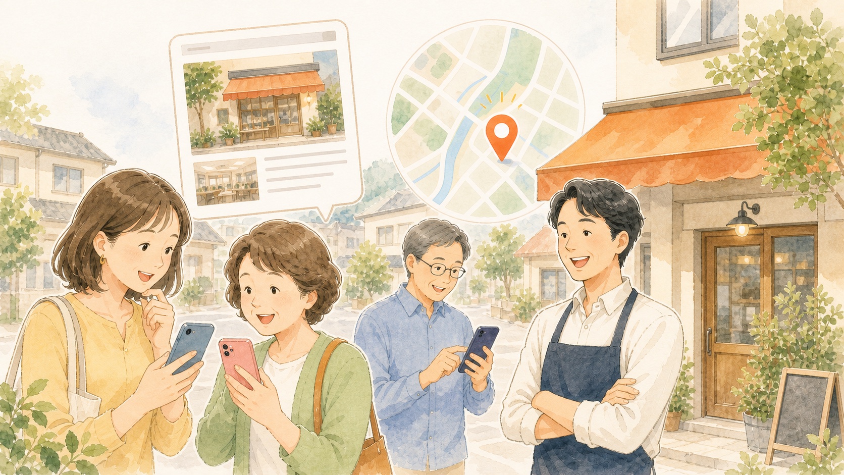 地域の人に会社やお店の記事を知ってもらうイラスト