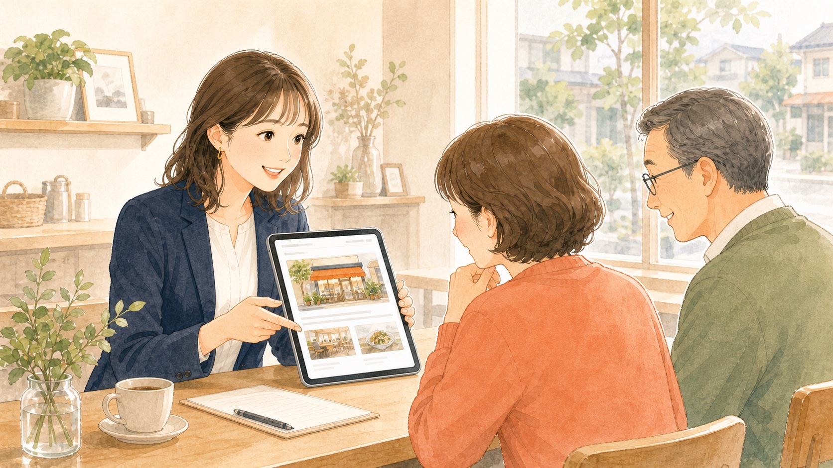 記事を見せながらお店や会社の雰囲気を伝えるイラスト