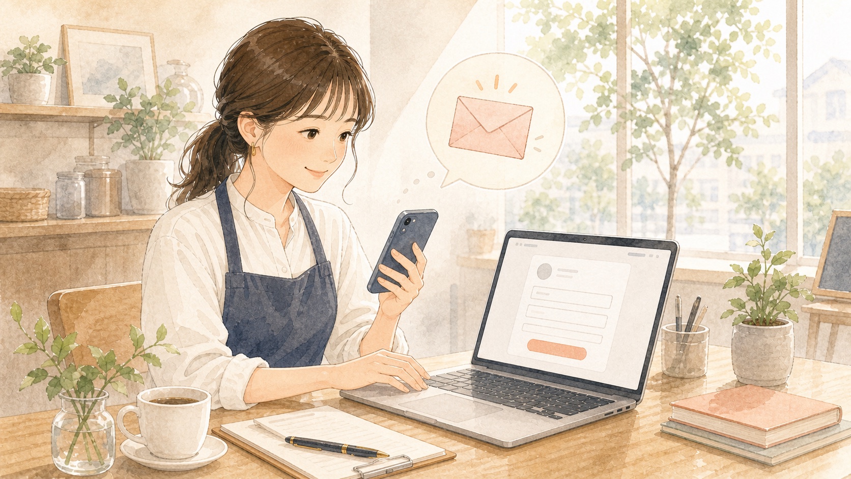 スマートフォンとフォームからお問い合わせしている女性担当者のイラスト