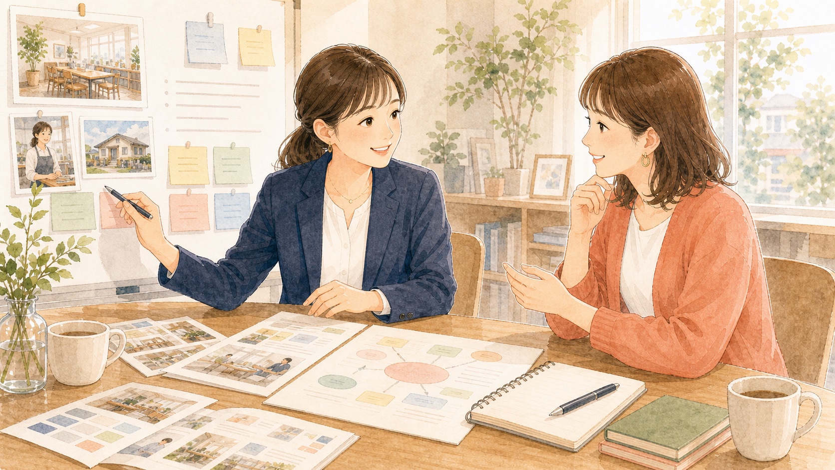 掲載内容を相談しながら整理している女性担当者のイラスト