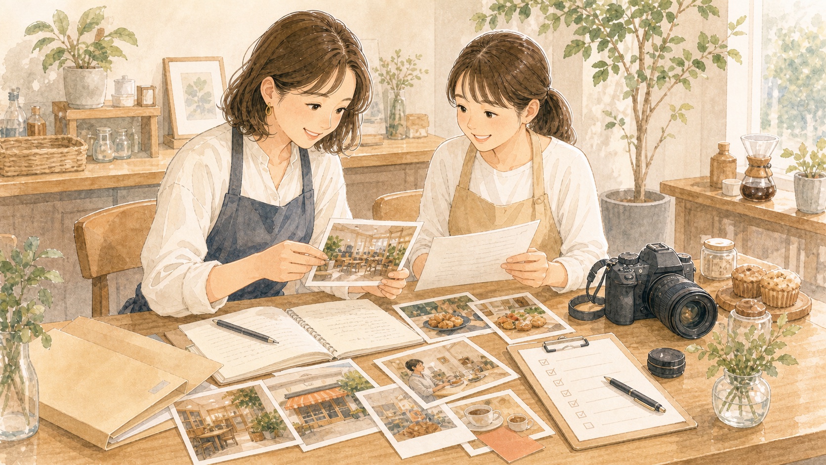 原稿や写真素材を準備している店舗スタッフのイラスト