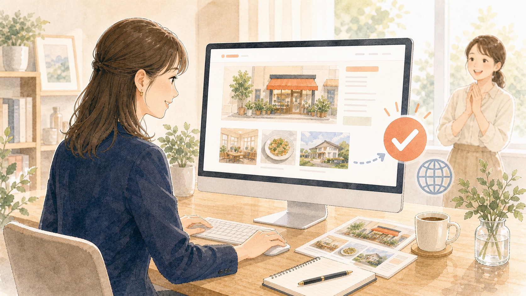 Web記事の公開画面を確認している編集担当者のイラスト