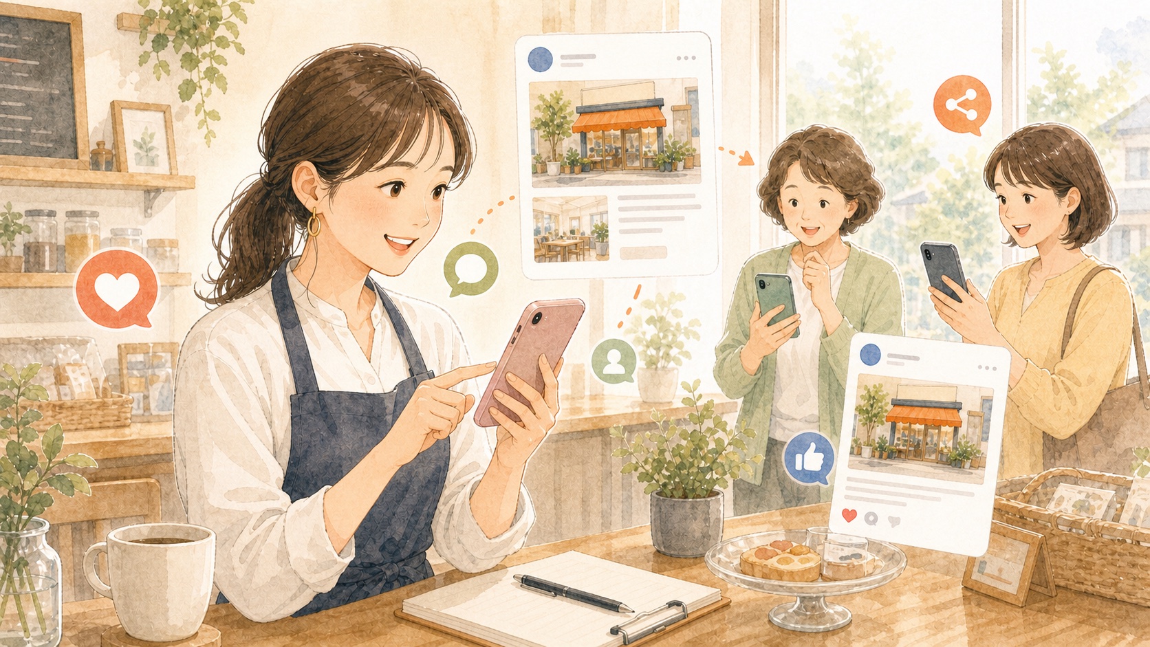 スマートフォンで掲載記事をSNS告知している女性スタッフのイラスト