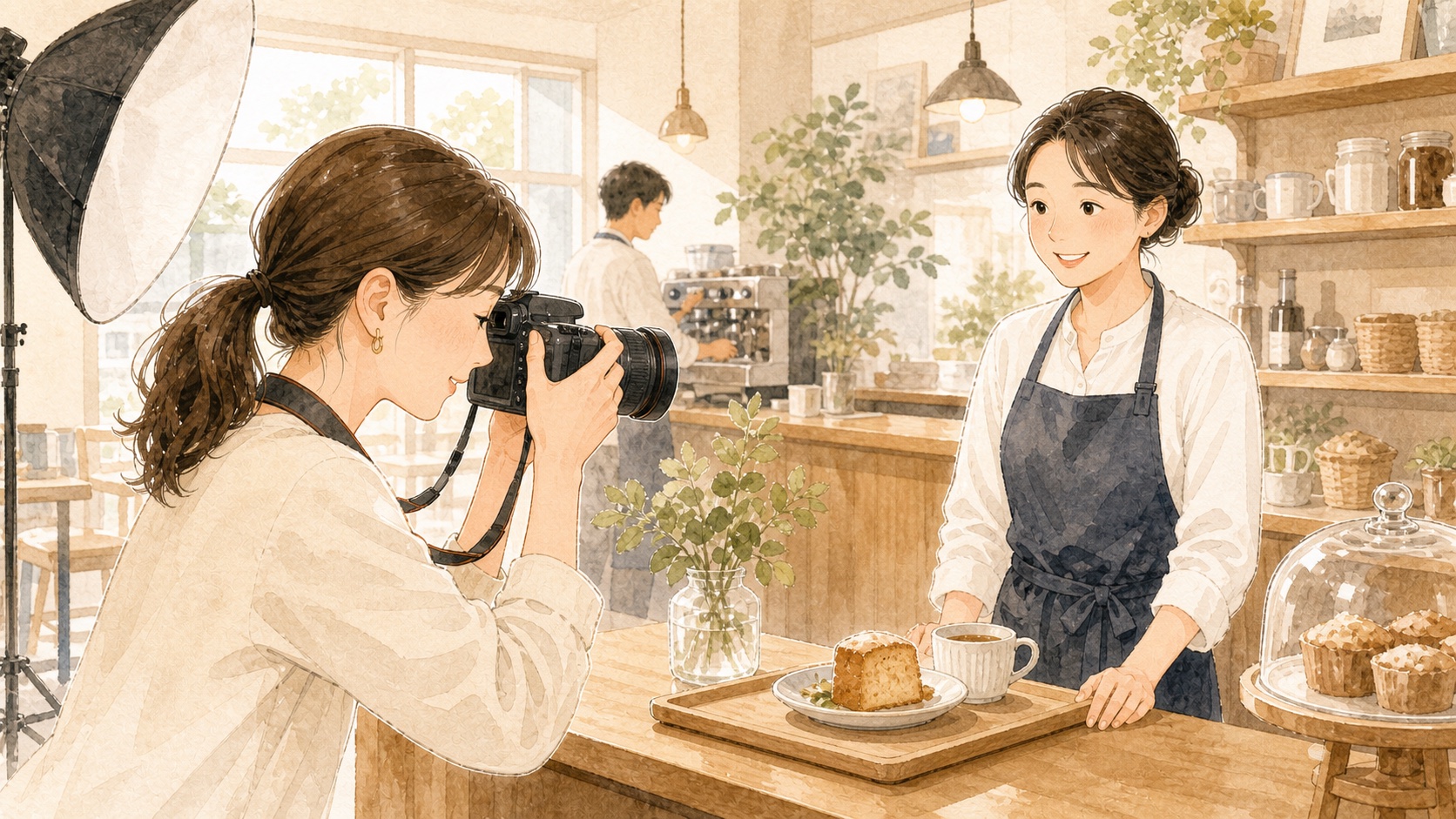 店舗や商品の写真撮影をしているイラスト