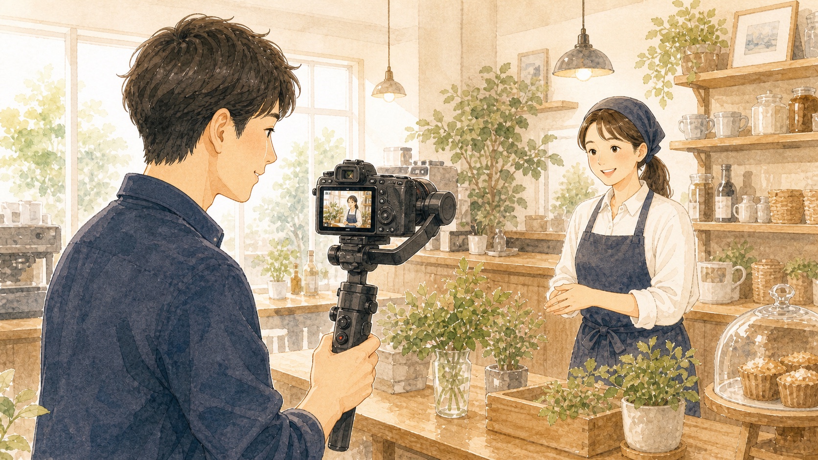仕事風景を動画撮影しているイラスト