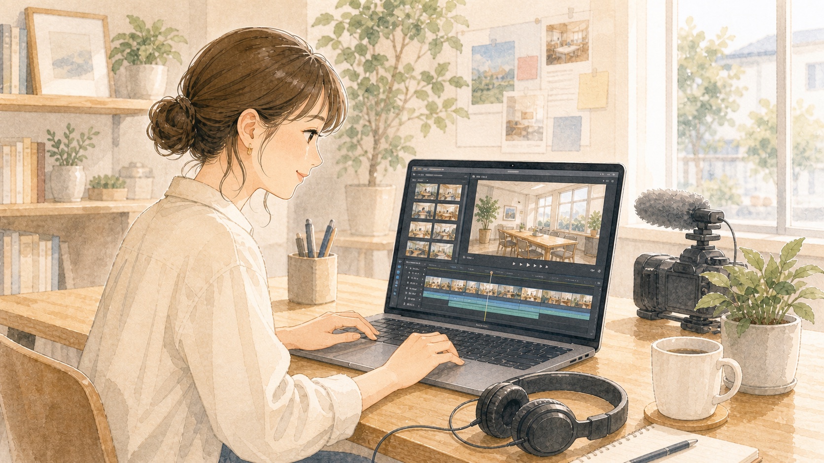 紹介動画を編集しているイラスト
