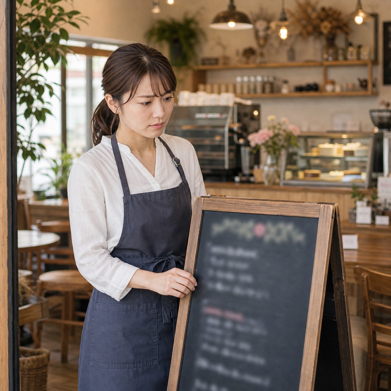 空席のあるカフェでメニューボードを見ながら集客に悩む若い女性オーナーの写真