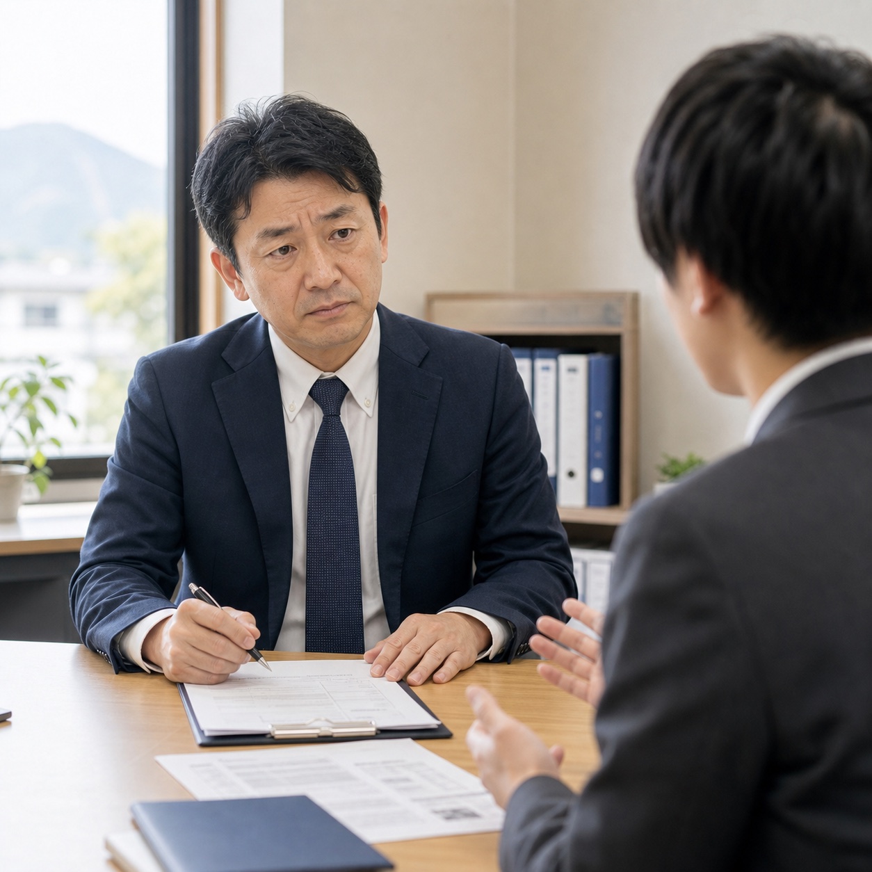 ネクタイ姿で応募者と面接しながら悩む男性採用担当者の写真