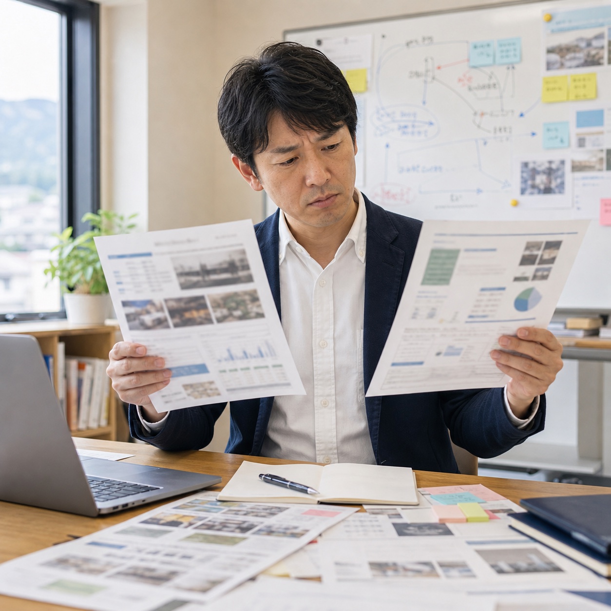 二つの媒体資料を見比べながら悩む営業採用担当者の写真