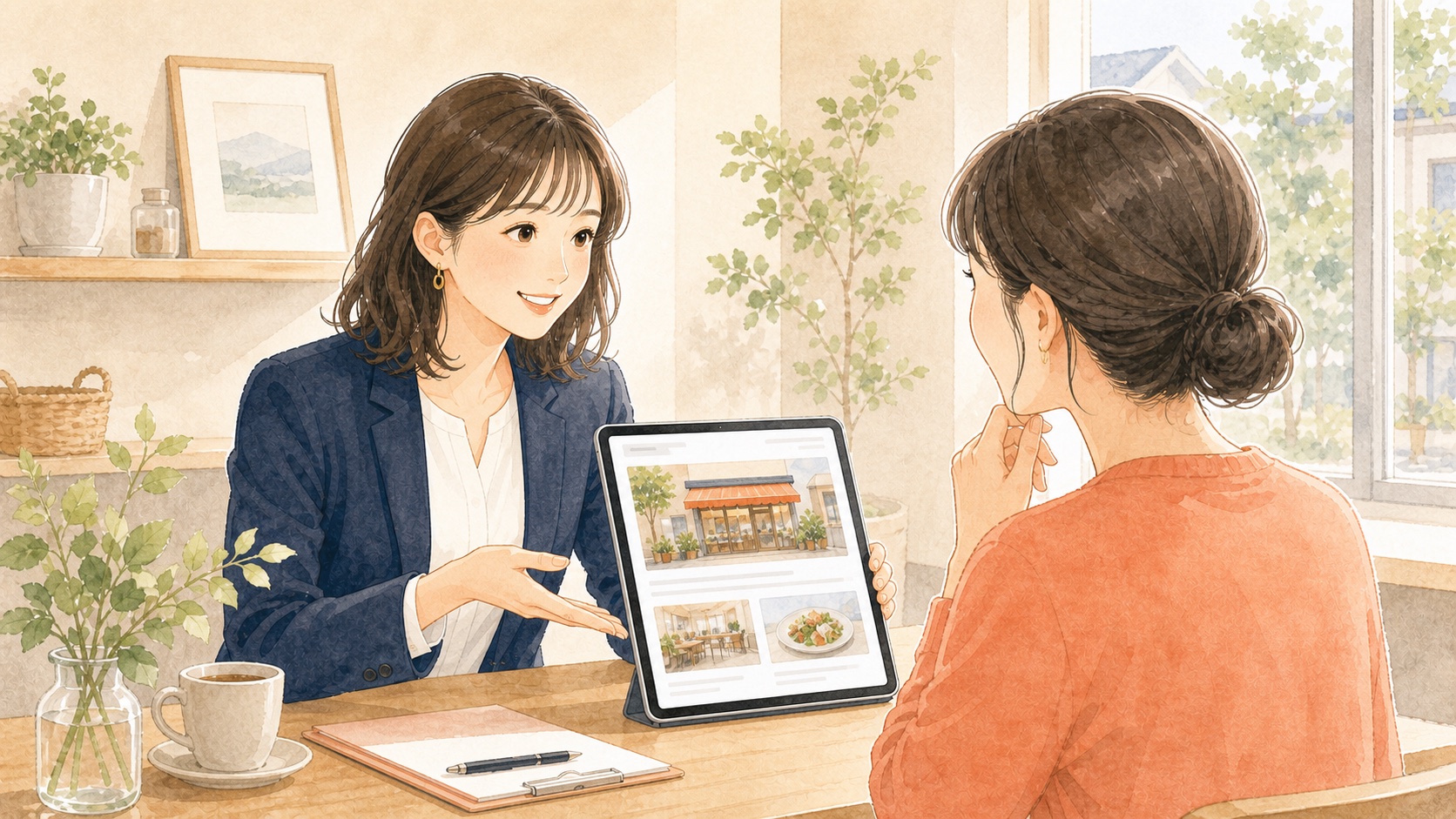 会社紹介の記事を見せながら案内しているイラスト