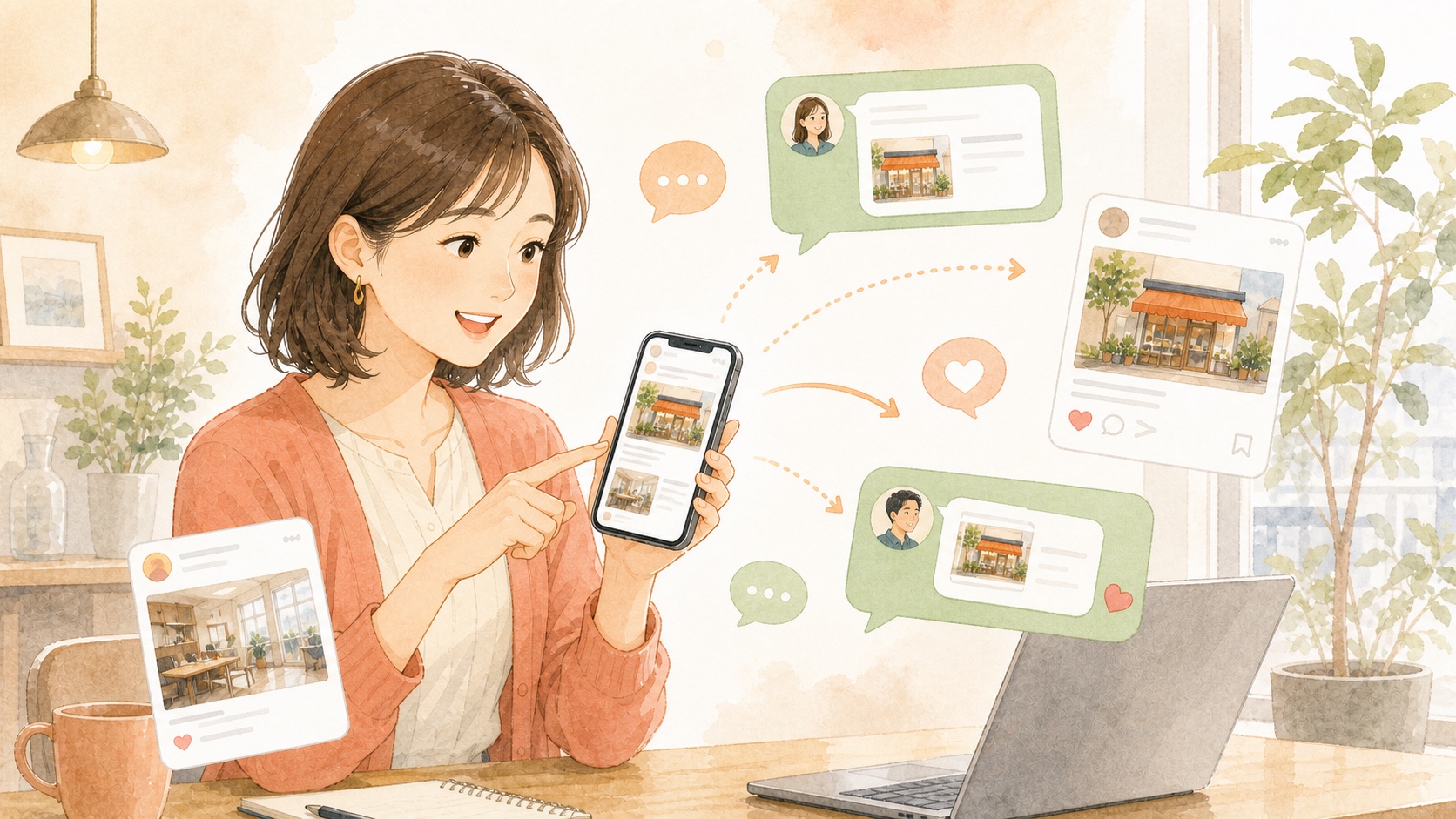 掲載記事をSNSやLINEで共有しているイラスト