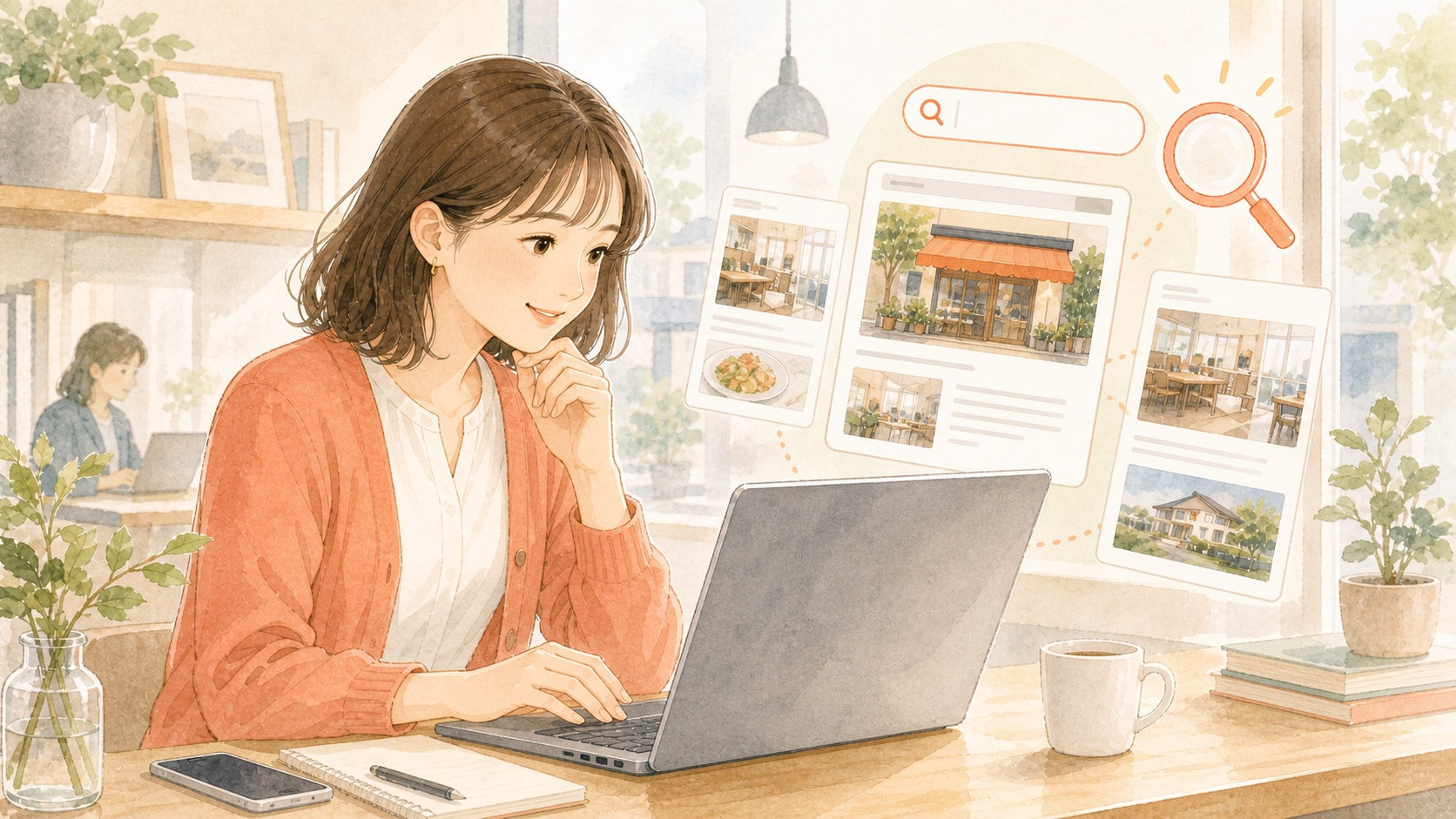 検索や記事から会社情報を見つけてもらうイラスト