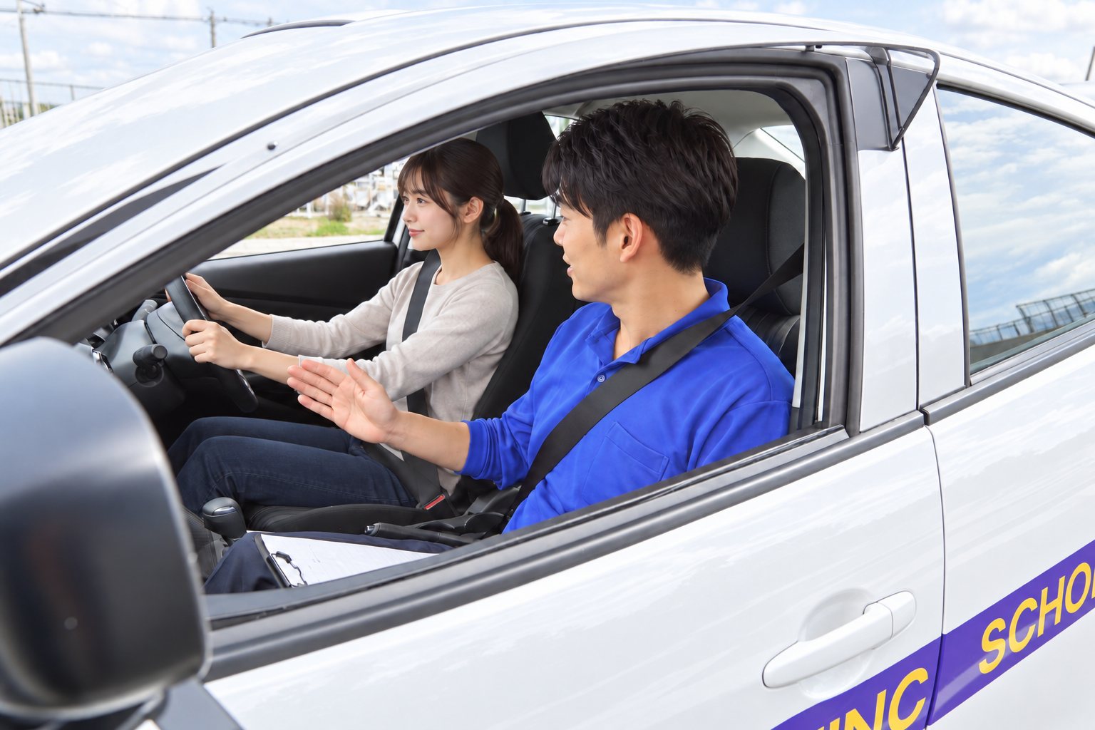 教習車の助手席で説明する指導員のイメージ