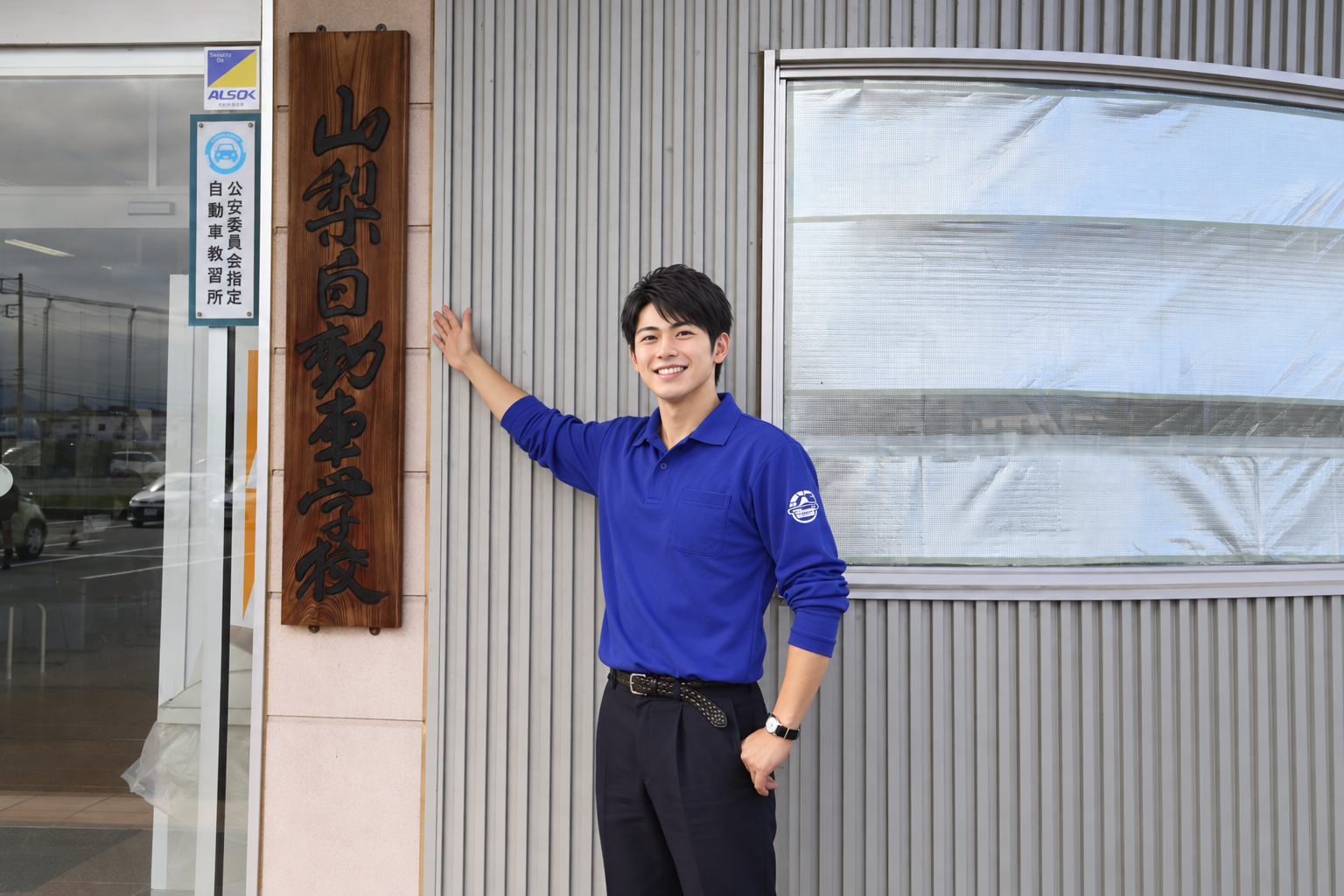 山梨自動車学校の入口と木製看板を紹介する指導員のイメージ