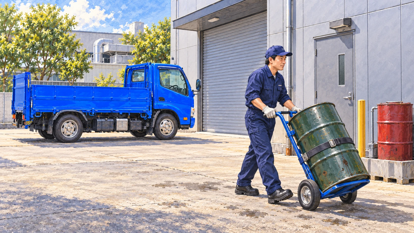 ドラム缶を台車で運ぶ場面の仕事イメージイラスト
