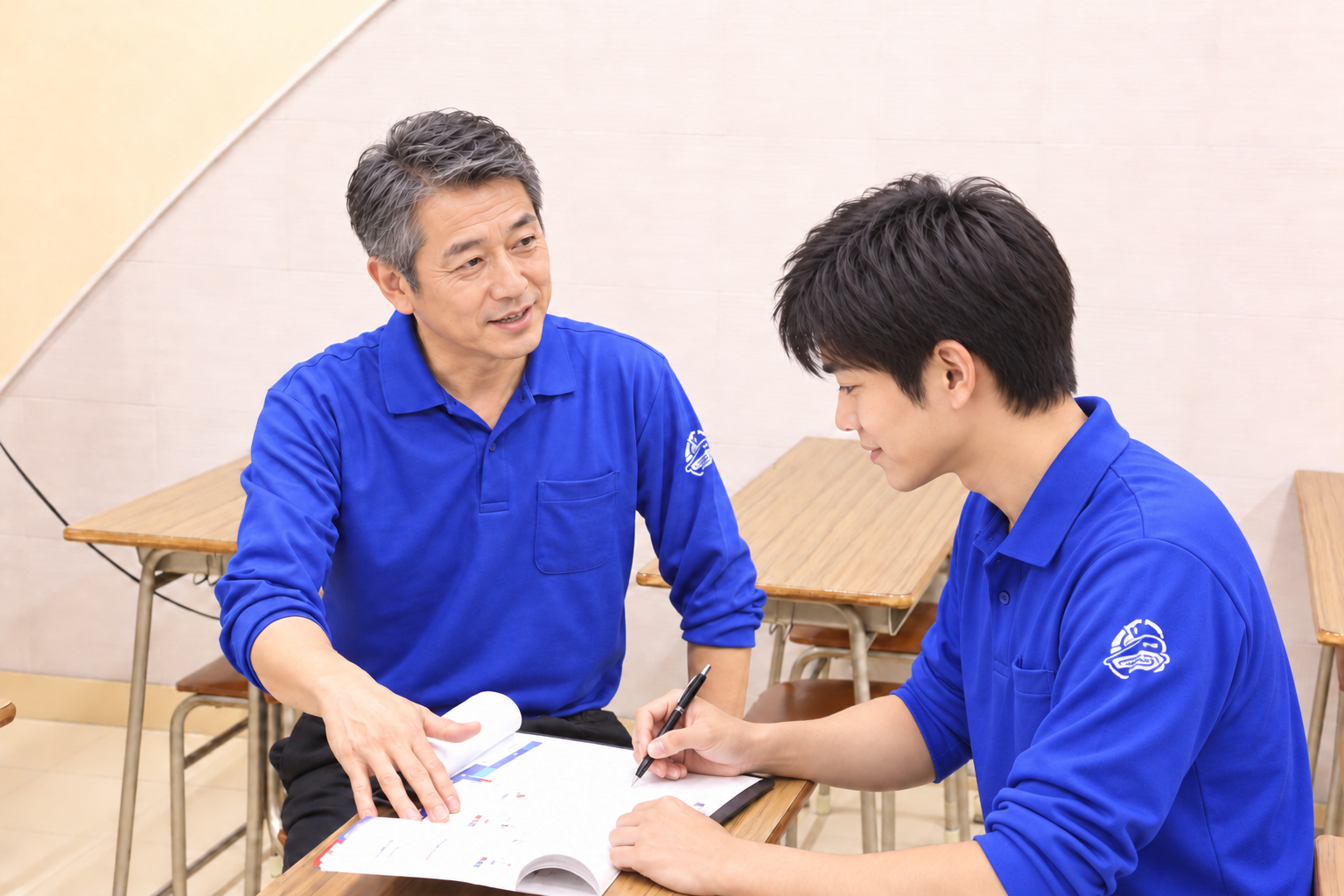 青い制服の年配教官から資料を使って指導を受ける男性研修生のイメージ